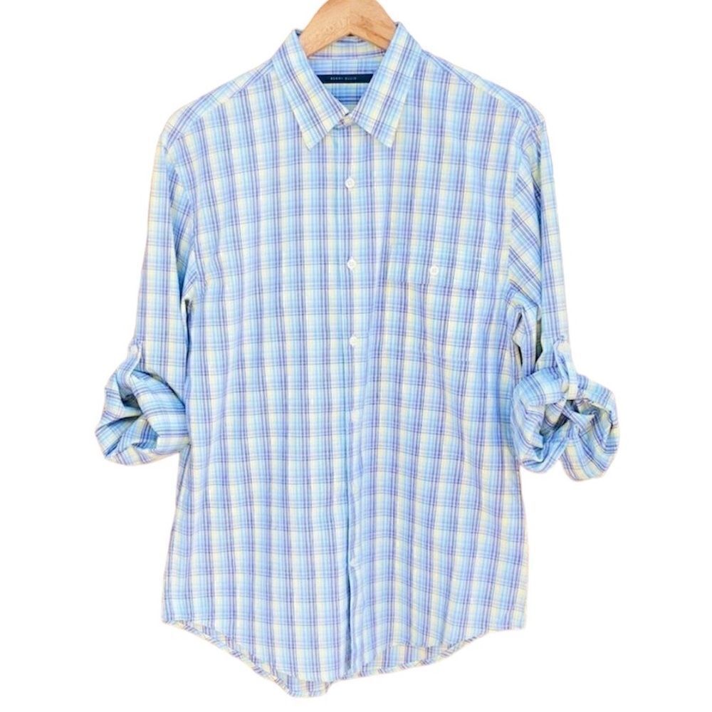 Perry Ellis Plaid Button Down Dress Shirt Blue Yellow Size Medium
